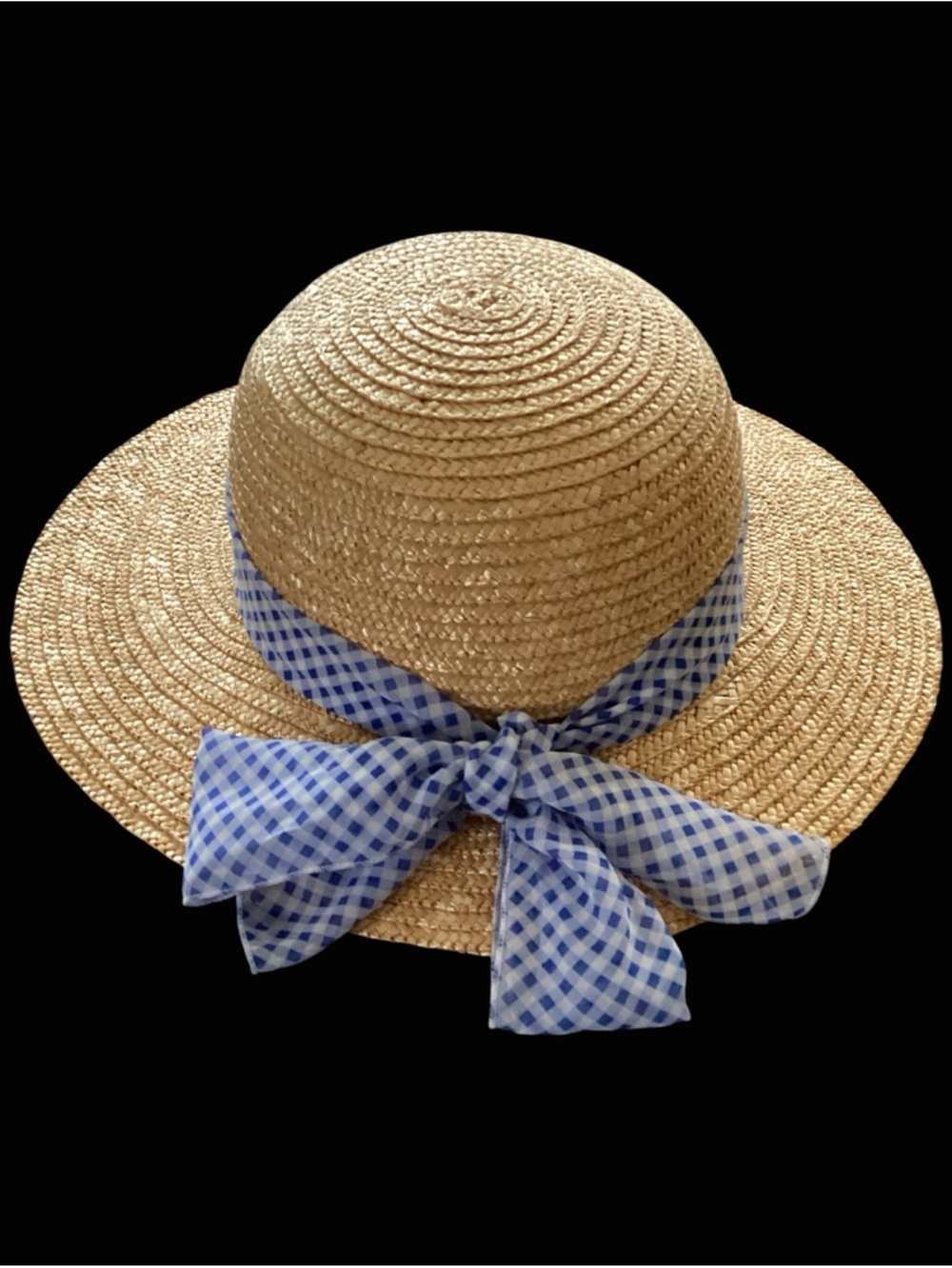 Talbots Straw Sun Hat with Blue Gingham Bow
